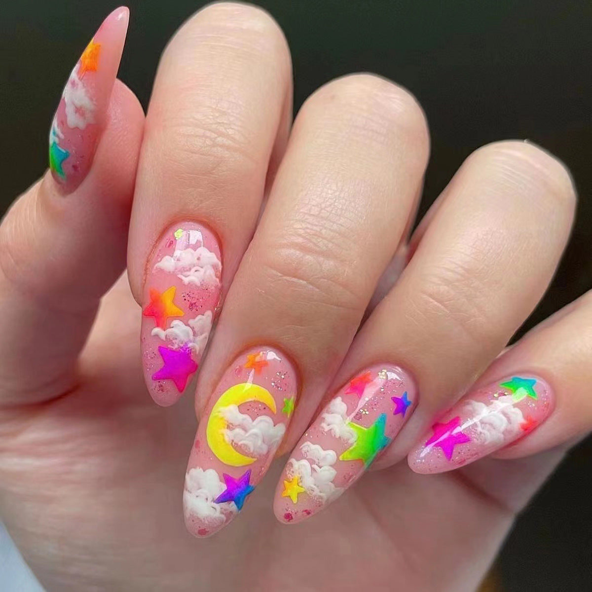 Cute Moon Star Cloud Nail Extensions, Multicolor Design