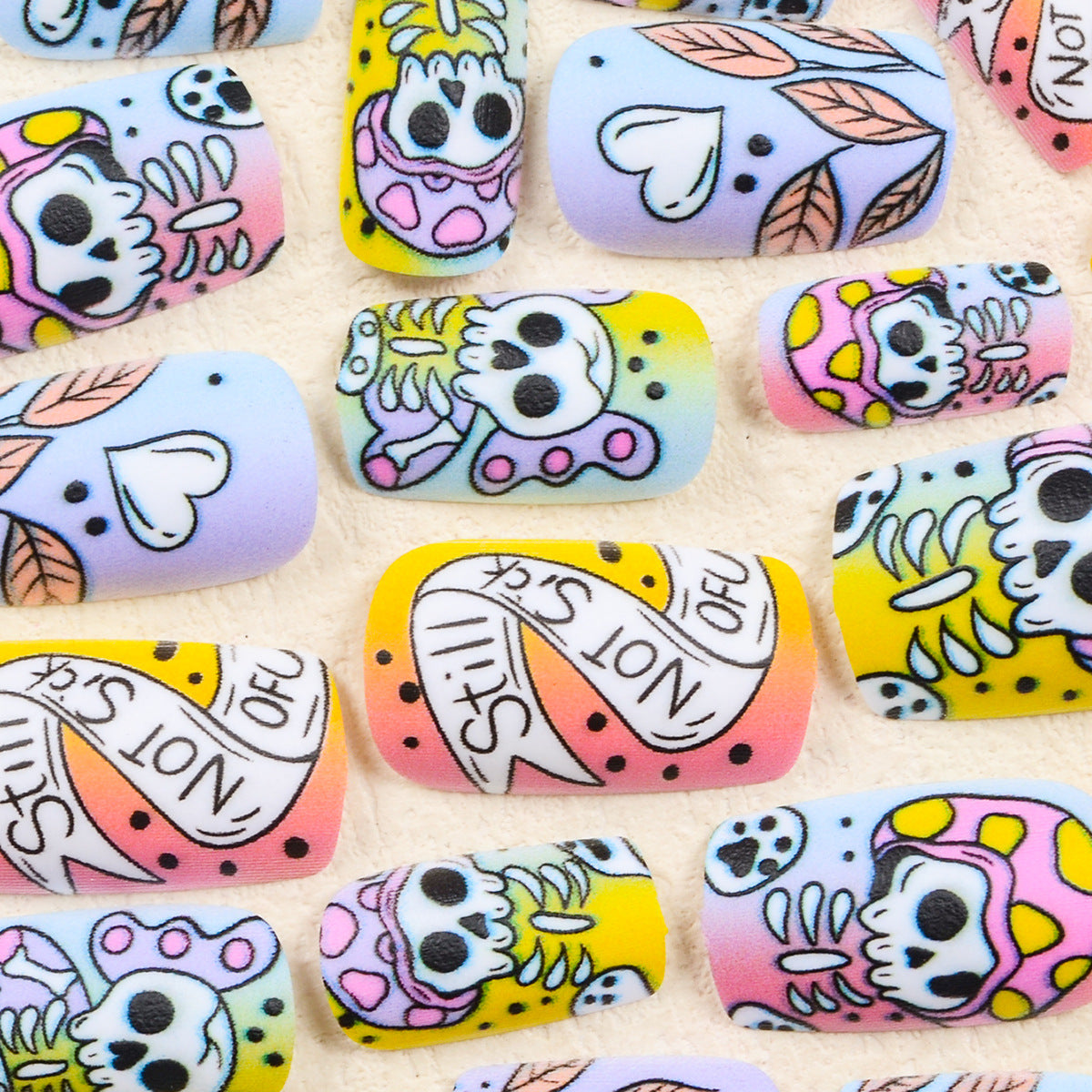 Cute Cartoon Skull Halloween Nails, Colorful Gradient