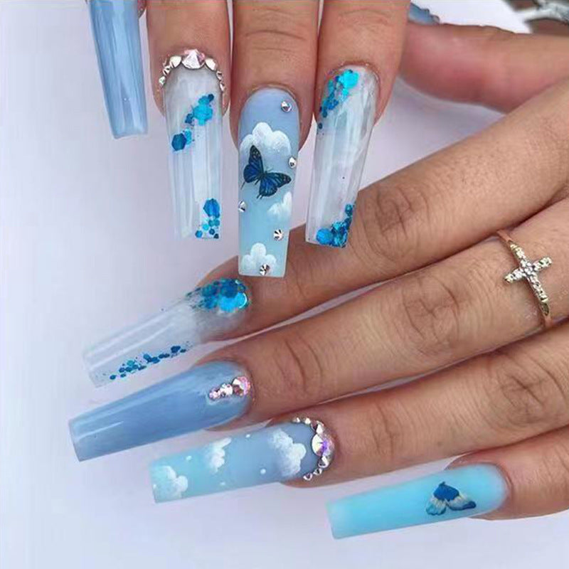 Shiny Blue Ice Butterfly Fall Nails - Long Press-On (24PCS)