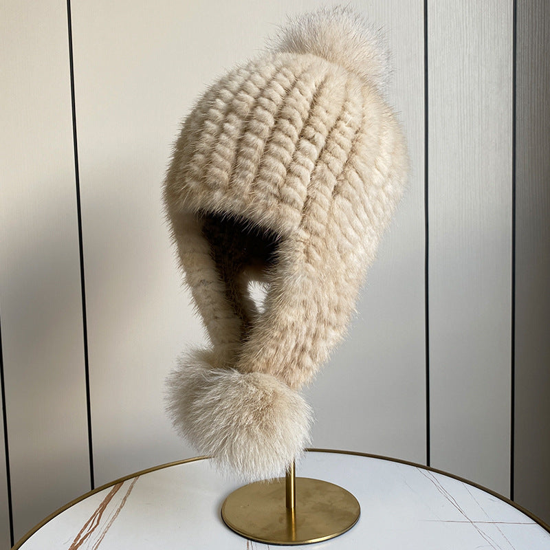 Warm Mink Fur Hat with Fox Pom Pom - Winter Luxury