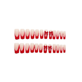 Red French Nails with 3D Bow, Removable & Stylish