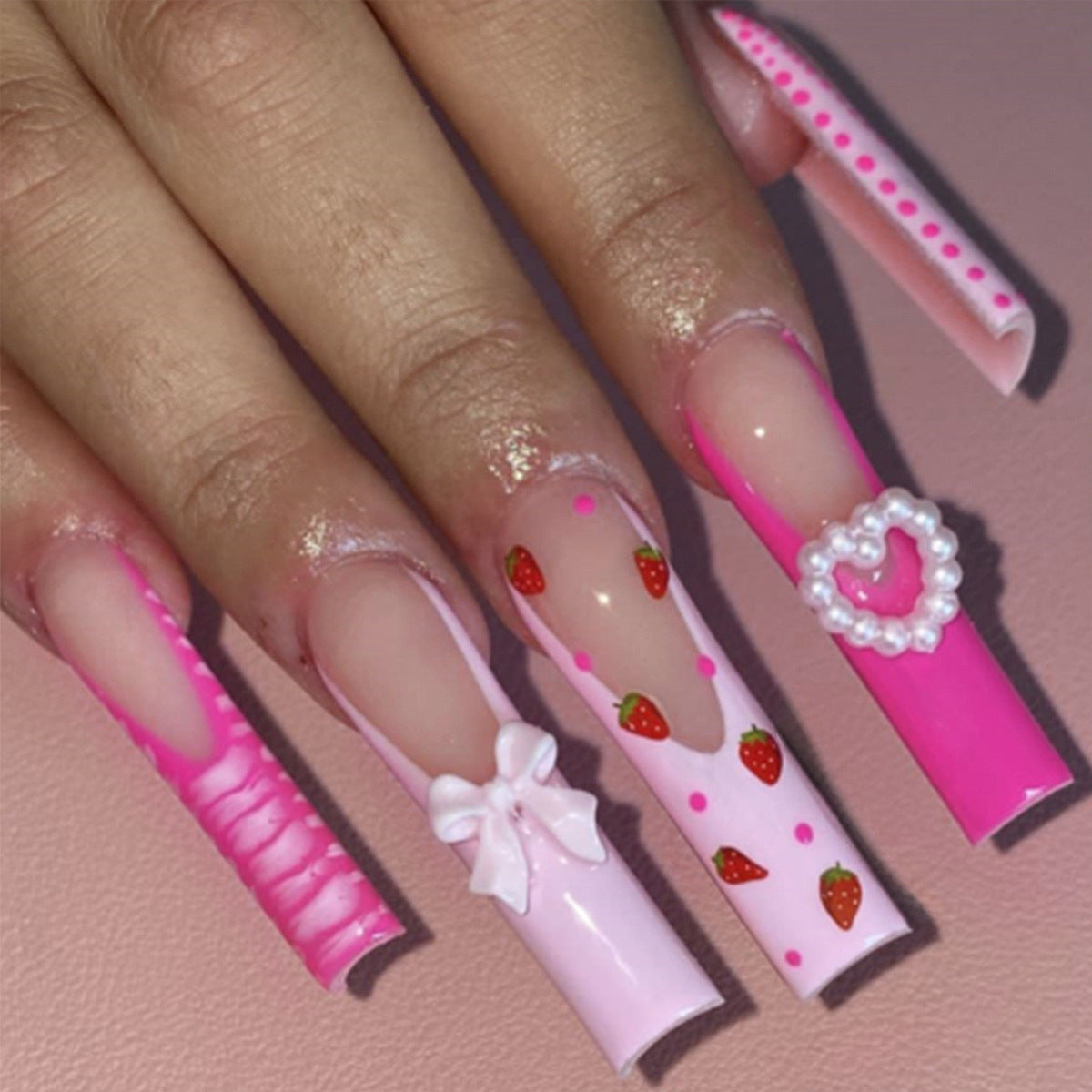 Extra Long Strawberry Heart Bow Nail Stickers