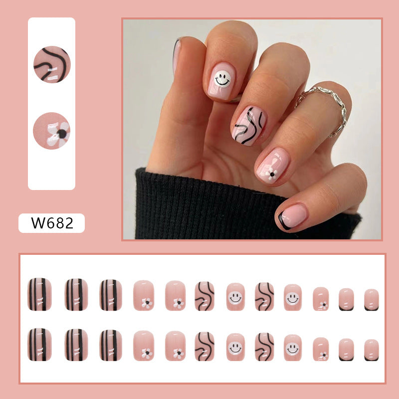 Cute Short Smiley Wave Flower Nails Nude Pink Base Black French Euro Ins Style Fake Nails