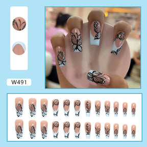 Mid-Length Ins-Style Butterfly Fairy Fall Nails, 24-Piece Multicolor Set