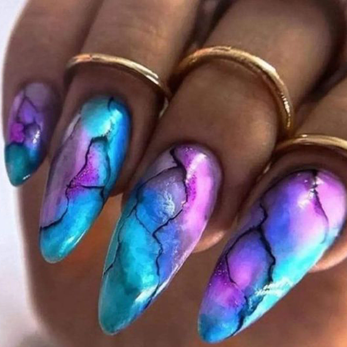 Almond Shape Colorful Ombre Marble Nail Tips