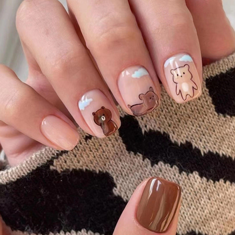 Short Square Pink Translucent Nails, Cute Brown Bear, Ins Style