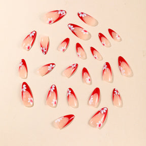 Almond Shaped Red French Edge Red White Flower Print Reusable Fake Nails