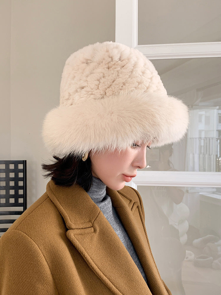 Winter New Real Rabbit Fur Hat with Fox Fur Trim