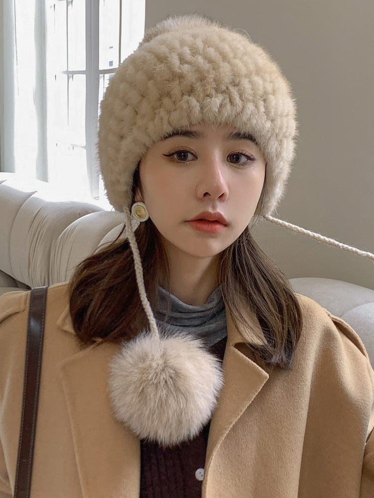 Winter Fox Pom Pom Mink Fur Hat for Women