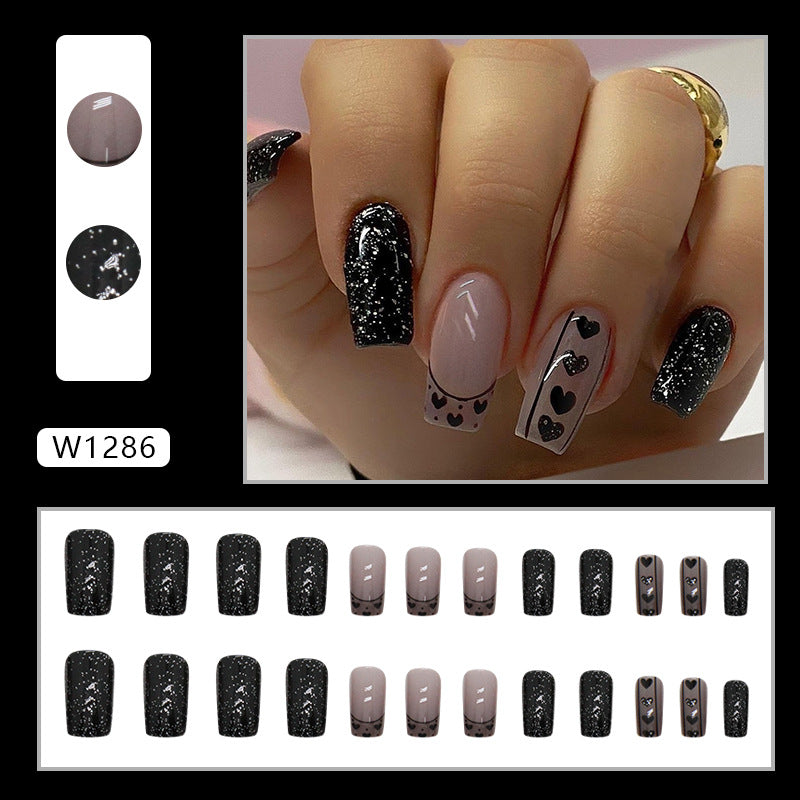 Black Starry Night Heart French Nails, Shimmering Powder