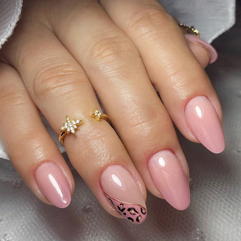 Pink Leopard Gradient Fall Nails - Round Almond Shape