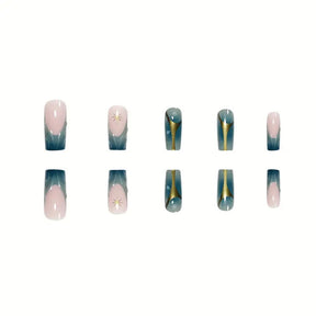 Classic Blue-Green Gradient Gold Stripe Resin Star Nail