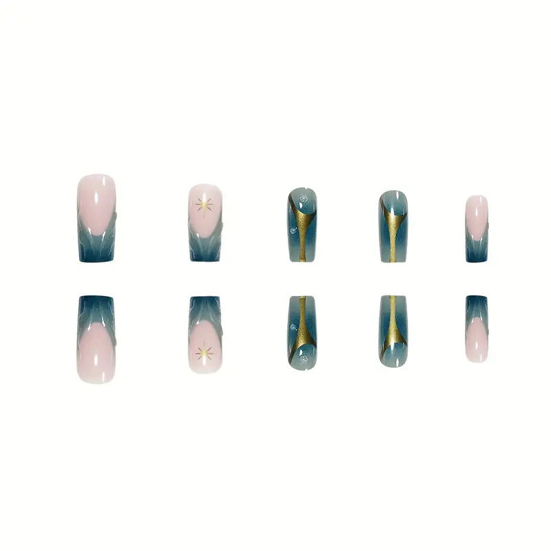 Classic Blue-Green Gradient Gold Stripe Resin Star Nail