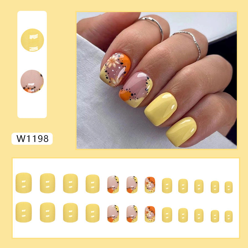 Short Canary Yellow Nails, Daisy Polka Dot Design