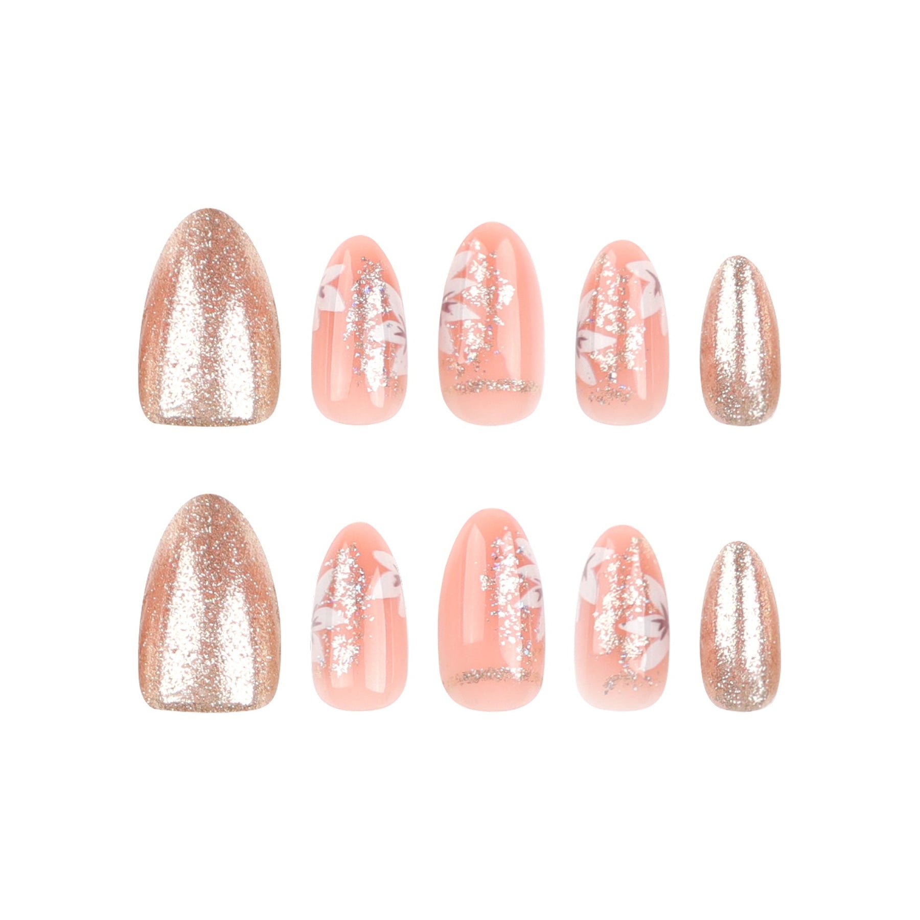 Summer Fresh Flower Nail Art Tips, Almond Shape with Gold Glitter