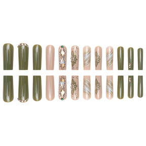 Detachable Green Floral Sparkle Nail Tips