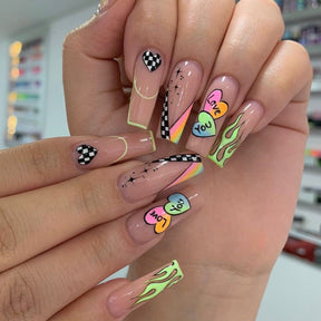 Long Coffin Nails with Checkerboard, Hearts, and Stripes