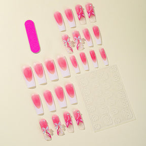 Pink Aurora Butterfly Bow Pearl Nail Wraps with White French Edge for Fall Nails