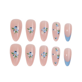 Blue Floral French Tip Nail Extensions, Detachable