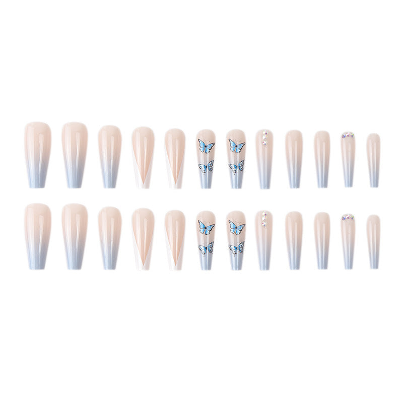 Blue Butterfly V-Shaped French Nail Extensions, Ins Style