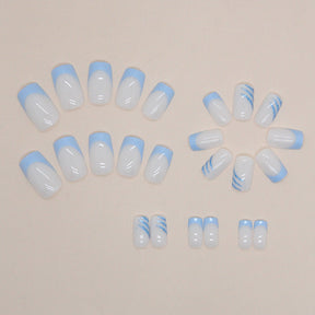 Simple Sky Blue French Nails with Diagonal Glitter, 24 Pieces