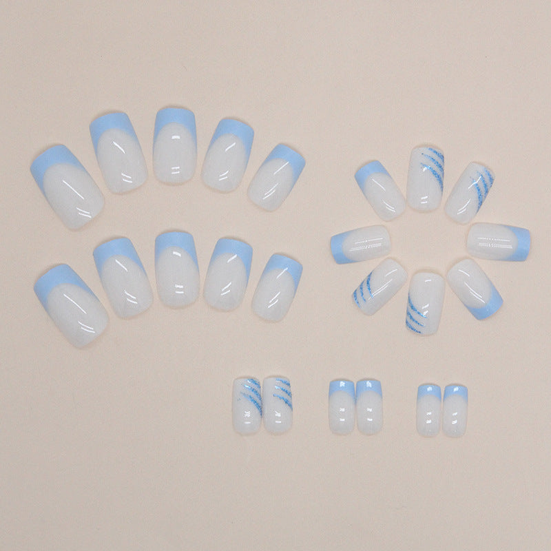 Simple Sky Blue French Nails with Diagonal Glitter, 24 Pieces