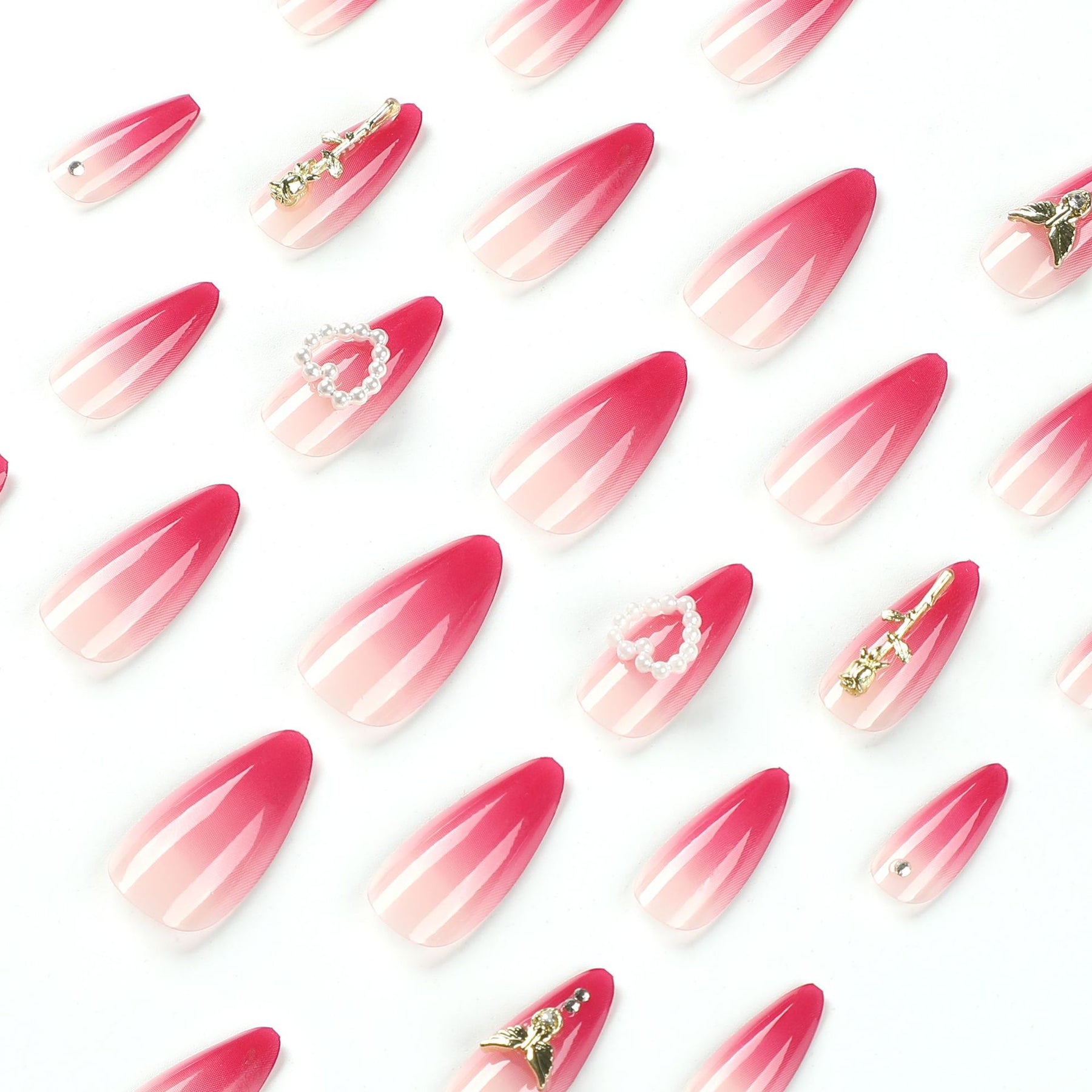 Red Gradient Gold Rose Nail Art with Pearls