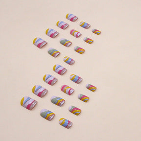 Short Square Nails, Multicolor Coating, Abstract Art INS Style