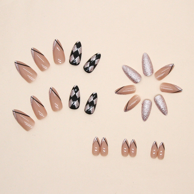 Medium Length Round Almond Nails, Flashy Diamond Pattern, Ins Style