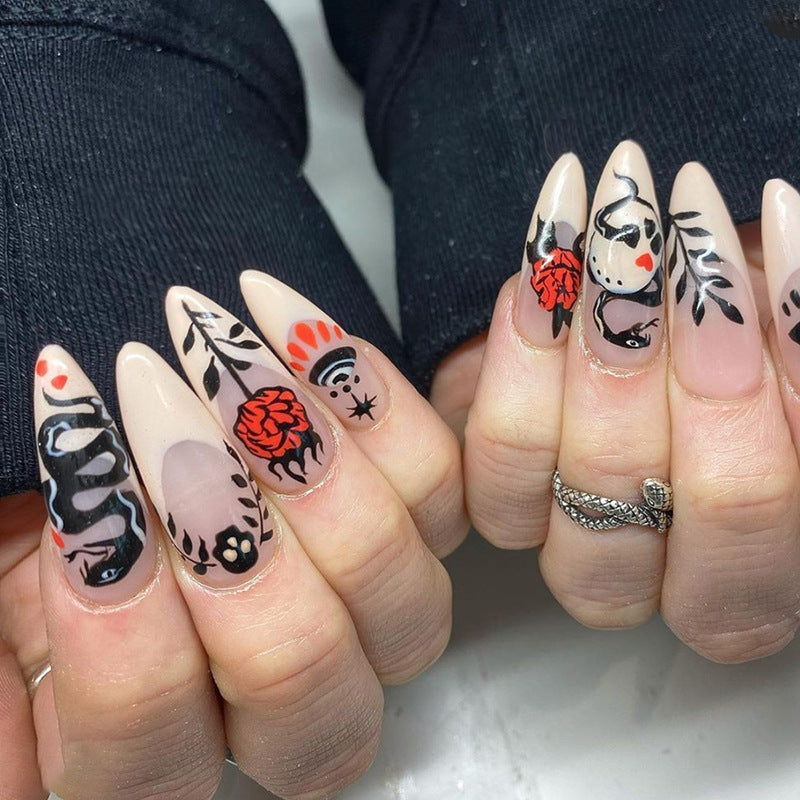 Dark Snake Rose Nails - Black Almond, Halloween Style