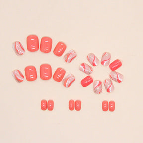 Sweet Bright Orange Wave Nails, Short, 24 Pieces