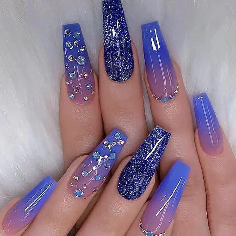 Dreamy Galaxy Gradient Blue Diamond Nail Tips