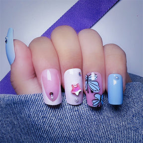 Cute Blue Pink Cartoon Hand-painted Nails - Removable (Wholesale 24-Piece)