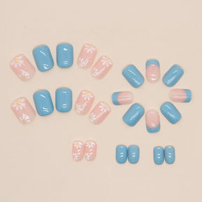 Short Solid Light Blue Sunflower Nails Euro Sweet Cute Wearable Nails Wholesale