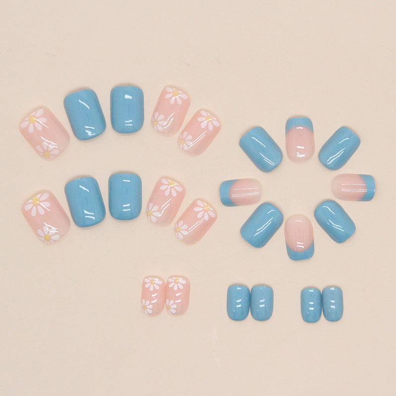 Short Solid Light Blue Sunflower Nails Euro Sweet Cute Wearable Nails Wholesale