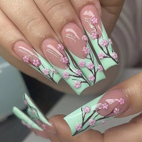 Chinese Style French Nail Tips with Floral Design