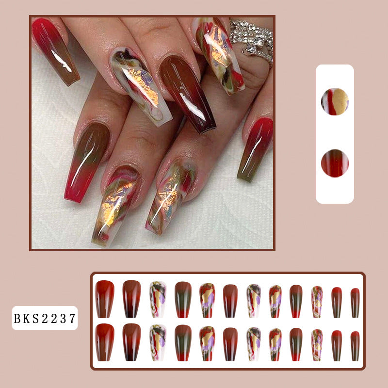 Autumn Wine Red Gradient Long Nail Tips