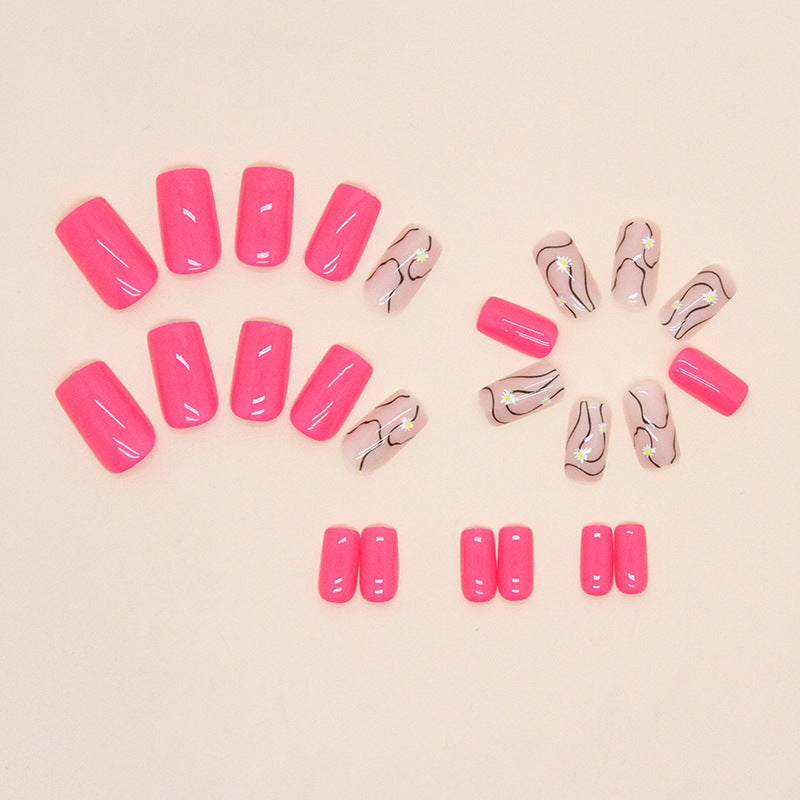 Barbie Pink Daisy Cracked Nails, Irregular Black Lines