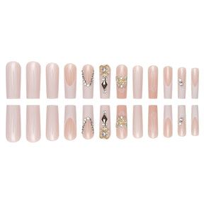 24-Piece Long French Nail Extensions with Diamonds, Butterflies