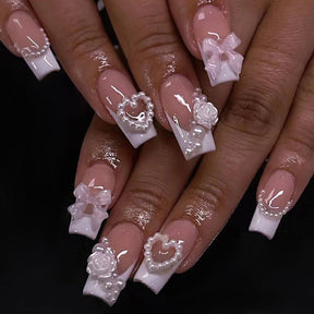 Long Water Pipe Nails with White Camellia & Rhinestones