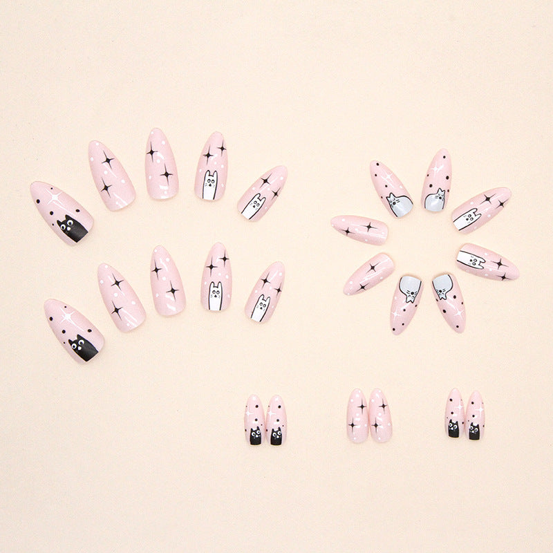 Cute Cat Almond Nails, Black White Pink Ombre Design