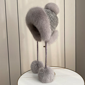 Women's Warm Faux Fur Lined Fox Ear Flap Hat with Real Rabbit Fur Pom Pom