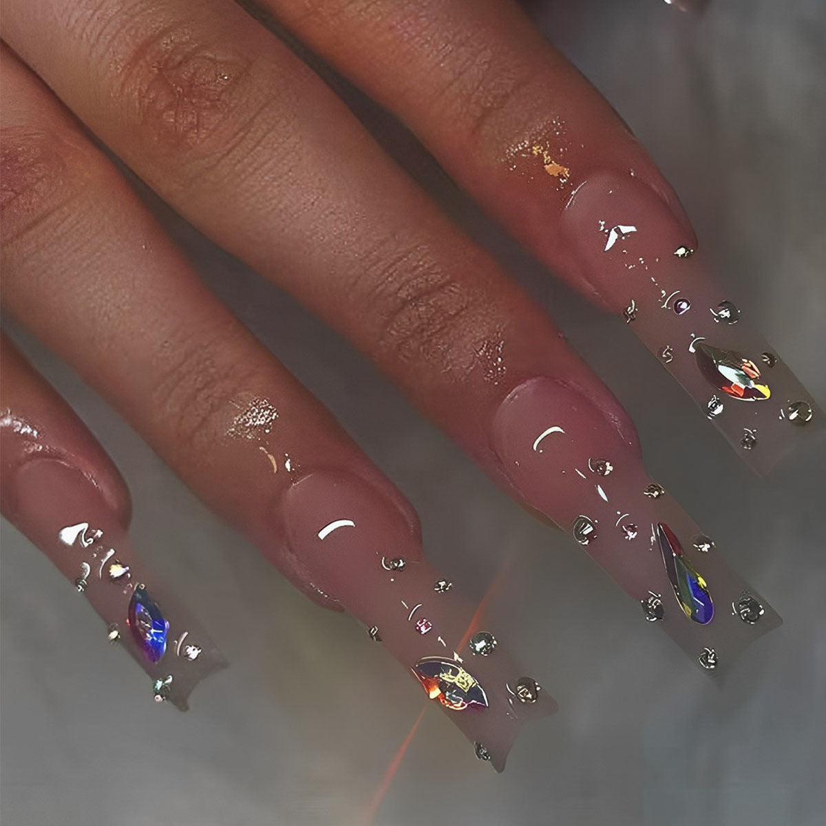 Long European Style Nail Tips with Diamond Accents