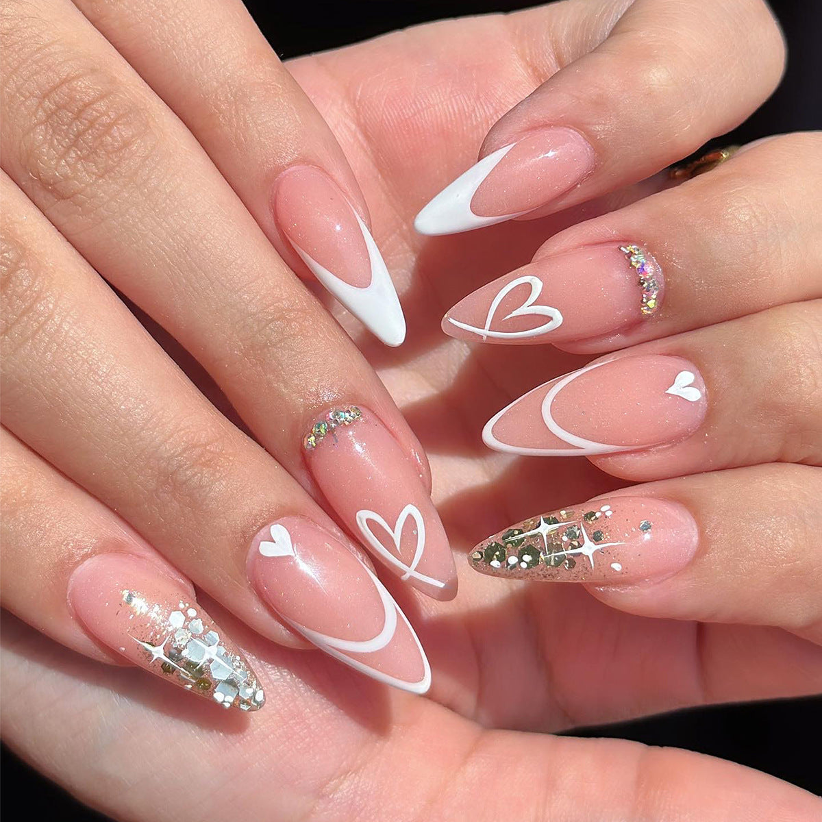 Simple Valentine Heart Nails with Sparkling Water Diamonds