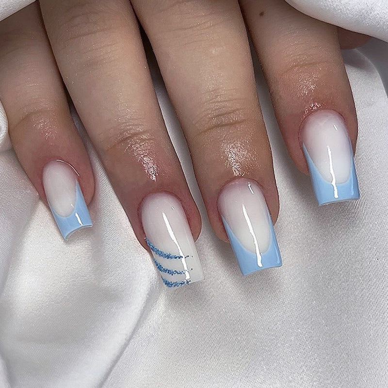 Simple Sky Blue French Nails with Diagonal Glitter, 24 Pieces