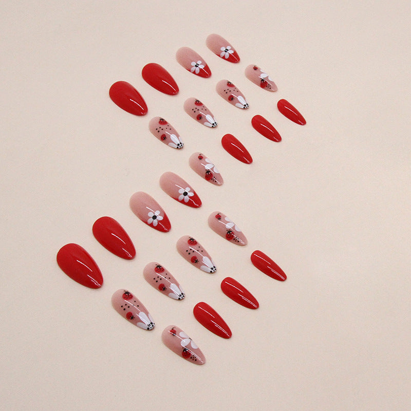 Almond Shape Ladybug and Flower Nails, Cute and INS Style