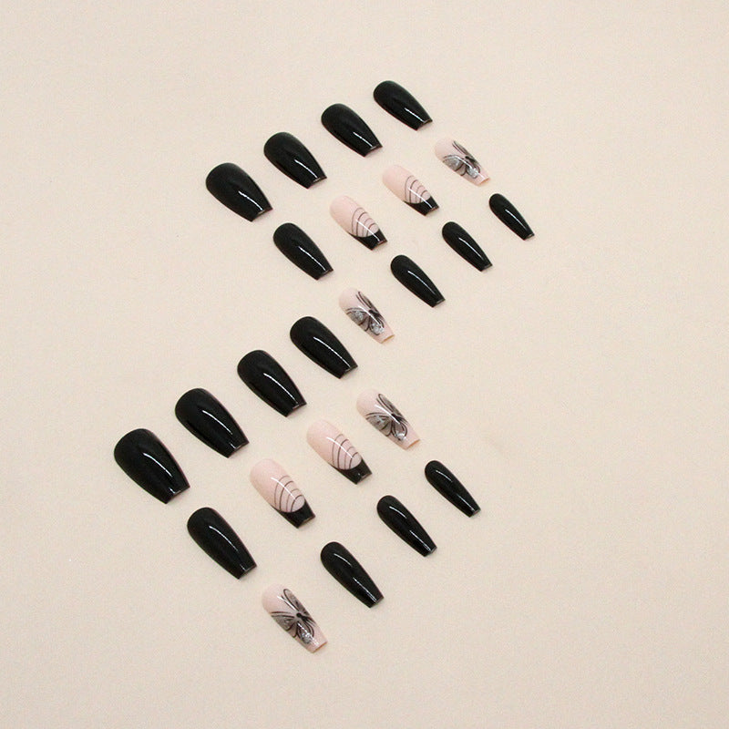 Mid-Length Solid Black Butterfly Nails, Striped and Glitter French