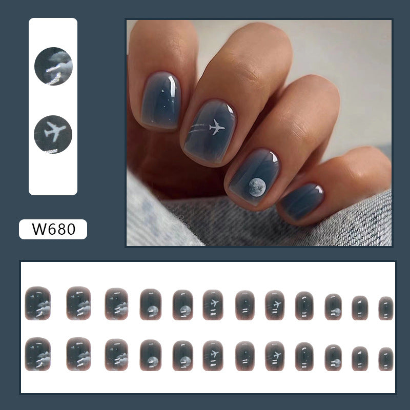 Short Midnight Blue Nails Euro Ins Style Sweet Cool Fake Nails Moon Plane Universe Design