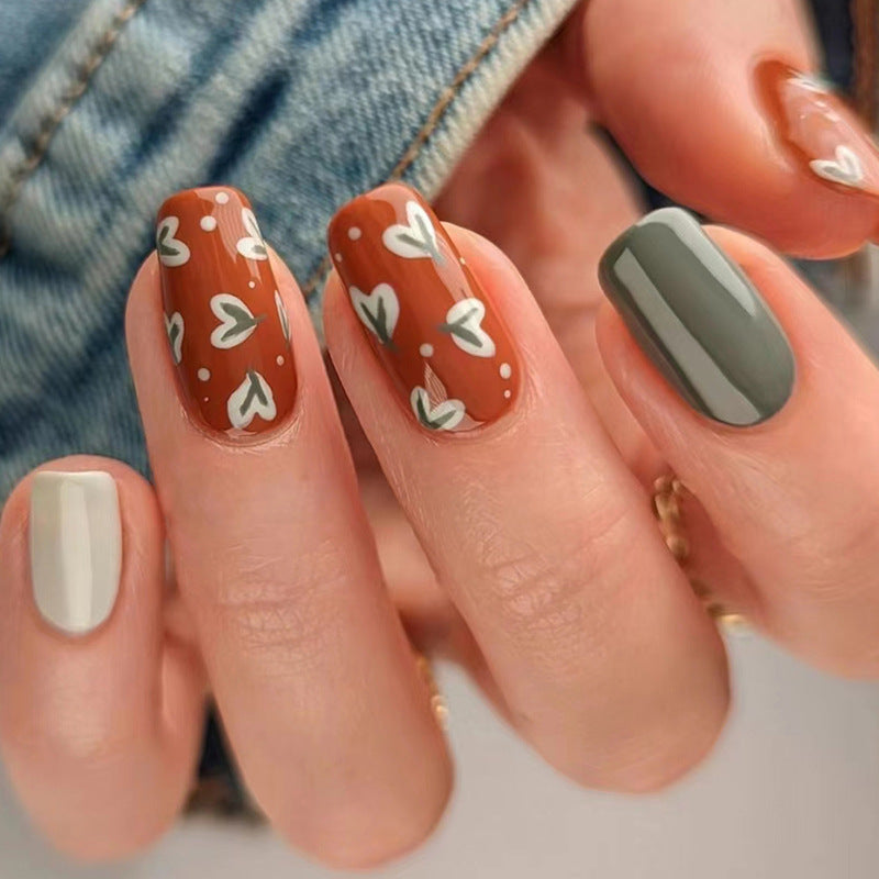 Vintage Brick Red, Milk White, Olive Green Floral Nails