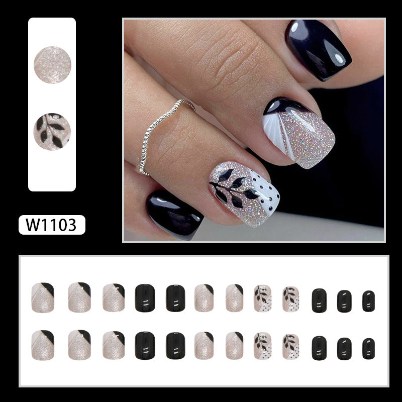 Short Square Black Leaf Nails, Fashionable and Chic